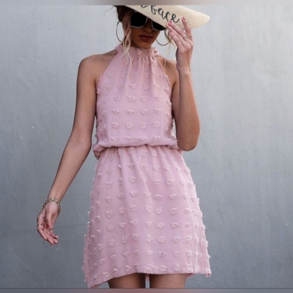 Womens Swiss Dot Elastic Waist Sleeveless Mini Dress Pink